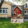 Outdoor Christmas garden flag with red cabin and snow scene on a black metal stand - Cabin In The Woods Style (HYQ63-11)