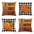 Set of four autumn Thanksgiving linen pillow covers with pumpkin and maple leaf patterns - Orange Black White Plaid Grateful (YMD9-19)