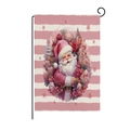 Pink Santa Claus garden flag with floral accents on a black metal stake stand - Striped Santa Style (HYQ40-5)
