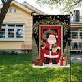 Outdoor garden flag showing Santa Claus with gifts by a red door and Christmas tree - Santa And Red Door Style (HYQ63-7)