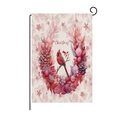 Pink Christmas garden flag with cardinal bird and floral wreath on metal stand - Red Bird Wreath Style (HYQ40-6)