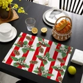 Christmas placemat with red stripes, holly leaves and pine cones on a dark wood table - Red White Stripes and Pinecone Style (CD60-5) / Linen