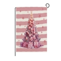 Pink Christmas garden flag with a decorated tree and gift boxes on a metal stand - Gift Box Christmas Tree Style (HYQ40-8)
