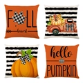 Set of four autumn linen pillow covers featuring pumpkins and fall harvest patterns - Orange Black White Stripe Harvest (YMD9-23)