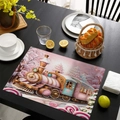 Pink candy train placemat with dreamlike snow scene on a black wooden table - Pink Candy Train (CD46-21)