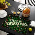 Dark green rectangular Christmas table mat with Merry Christmas print and tree motifs - Dark Green Christmas Blessings Style (CD60-12) / Linen