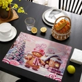 Christmas placemat with gingerbread man and candy house on a black wooden dining table - Gingerbread Man Snowhouse (CD46-22)
