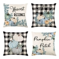 Autumn themed pillow covers with pumpkins and eucalyptus leaves on plaid pattern set of 4 - Teal Orange Plaid Harvest Series (YMD9-30)
