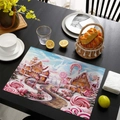 Christmas placemat with pink gingerbread house print on dark wood dining table - Dreamy Pink Blue Candy (CD46-23)