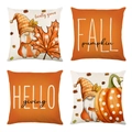 Set of four autumn linen pillow covers with gnome and pumpkin patterns for fall decor - Warm Orange Beige Hand-Drawn Gnome (YMD9-31)
