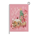 Pink Christmas garden flag with 'Let it snow' candy train design and metal stand - Christmas Train Style (HYQ40-20)