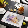 Christmas table mat with winter house illustration on dark wood grain table - Winter Healing Cabin (CD46-24)