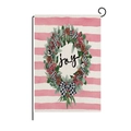 Pink and white striped garden flag with festive joy wreath on black metal stand - JOY Wreath Style (HYQ40-22)
