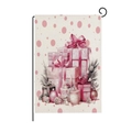 Pink Christmas garden flag with gift box illustrations on a black metal L-shaped stand - Stacked Gift Illustration Style (HYQ40-28)