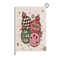 Pink Christmas garden flag with colorful ornaments and Merry Christmas text on linen - Mixed Ornament Ball Style (HYQ40-30)