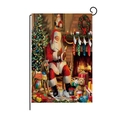 Christmas garden flag with Santa at fireplace and black metal L-shaped hanging pole - Santa Making Toys (HYQ41-7)