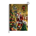 Christmas garden flag with Santa Claus illustration and black metal hanging bracket - Santa Delivering Gifts (HYQ41-8)