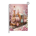 Christmas garden flag with pink steam train illustration and black metal hanging stand - Pink Christmas Train (HYQ41-20)