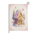 Winter garden flag featuring a snowy cottage illustration and a black metal stand - Snowy Winter Cabin (HYQ41-28)