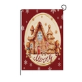 Christmas garden flag with gingerbread house and Merry text on red background - Oval Gingerbread House Theme (HYQ41-30)