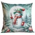 Muntgroene kerstkussenhoes met een vrolijke sneeuwpop en een decoratief dennenboomontwerp - Sneeuwpop Stijl (crd511-2)
