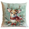Mint green Christmas pillow cover with reindeer in plaid scarf and pine cones - Reindeer Style (crd511-5)