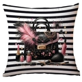 Housse de coussin mode gris et rose avec une illustration de sac chic et de maquillage - 45x45cm Peluche Courte Sans Noyau / Sacs de Mode Cosmétiques (crd05-4)