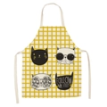 Linen apron with yellow grid pattern and cartoon cat prints and neck strap - 47*38cm / Yellow Plaid Cartoon Cats (WQ04-12)