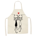 Linen sleeveless kitchen apron featuring cartoon cats and red heart in beige finish - Beige Double Cats Heart (WQ04-10)