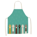 Linen sleeveless kitchen apron with cute cartoon cat paw prints in turquoise green color - Teal Cat Paws (WQ04-4)