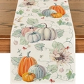 Linen table runner with autumn pumpkins and sunflower pattern on dark wood table - 33*183cm / Pumpkin Sunflower Illustration Style (ZQ36-6)