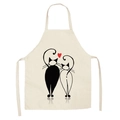 Linen sleeveless apron in beige featuring cartoon cat print and red heart detail - Beige Twin Cats Heart (WQ04-6)