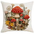 Linen pillow cover with 3D mushroom embroidery and floral pattern on beige background - Ecological Nature Mushroom Style 6 (TQYM75-6) / 45x45CM Single Sided Linen