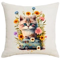 Fodera per cuscino con acquerello di gattino e girasoli su tessuto di lino - Stile Gatto Sopra Il Van (TQYM76-1)