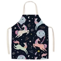 Dark blue cotton linen apron featuring cute colorful unicorn and hot air balloon prints - Dark Blue Unicorn Hot Air Balloon (WQ05-12)