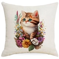 Federa quadrata in lino beige con stampa acquerello di un gattino carino e fiori vivaci - Stile Gatto Arancione Occhi Verdi (TQYM76-2)