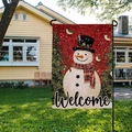 Christmas garden flag featuring a snowman with trees and handwritten Welcome message - Inferred Snowman Welcome Style (HYQ63-2)