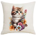 Fodera per cuscino quadrata con stampa di gatto tigrato ad acquerello e fiori colorati - Stile Gatto Tabby Occhi Smeraldo (TQYM76-3)