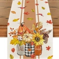 Linen autumn table runner featuring pumpkins and sunflower motifs with Thankful text - 33*183cm / FALL Hand-painted Pumpkin Style (ZQ36-11)