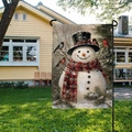 Christmas snowman garden flag with plaid scarf and birds in front of a yellow house - Snowman And Bird Style (HYQ63-3)