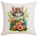 Federa quadrata con simpatica stampa ad acquerello di gatto calicò e fiori colorati - Stile Gatto Calico Occhi Blu (TQYM76-4)