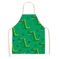 Green cotton linen apron with cute cartoon dinosaur print and neck strap design - Green Cartoon Dinosaur Jungle (WQ05-18)
