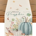 Linen table runner with 'Hello Pumpkin' text and watercolor pumpkin maple leaf print - 33*183cm / HELLO Pumpkin Harvest Style (ZQ36-14)