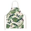 Beige floral kitchen apron featuring green palm leaves and blue butterfly prints - Butterfly Floral 14 (WQ08-14)