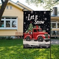 Let it Snow Christmas garden flag featuring a vintage red truck and festive pine trees - Black Background Red Truck Style (HYQ63-8)