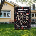 Christmas garden flag featuring dancing skeletons with hats and a funny festive slogan - Skeleton Christmas Style (HYQ63-9)