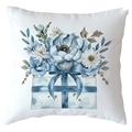 Funda de cojín navideña blanca con caja de regalo en acuarela y elegante diseño floral azul - 45x45 cm / Estilo Caja de Regalo Floral Azul (CRD515-2)