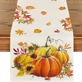 Linen autumn table runner featuring pumpkins sunflowers and maple leaves on dark wood - 33*183cm / Sunflower Pumpkin Home Style (ZQ36-16)