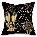 New Year Happy Cheers cushion cover with golden fireworks and champagne glasses design - 18x18 Inch / Linen Single Side Without Core