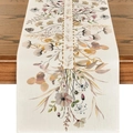 Linen table runner with autumn maple leaves and pumpkins on rustic wood surface - 33*183cm / Nordic Plant Print Style (ZQ36-17)
